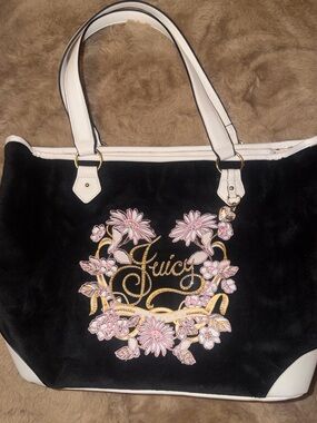 Juicy Couture XL Black Tote with Pink Floral Embroidery and Gold Script